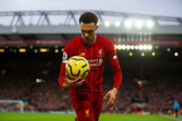 LIVERPOOL, ENGLAND - Saturday, February 1, 2020: Liverpool's Trent Alexander-Arnold carries the ball to take a corner-kick during the FA Premier League match between Liverpool FC and Southampton FC at Anfield. (Pic by David Rawcliffe/Propaganda)