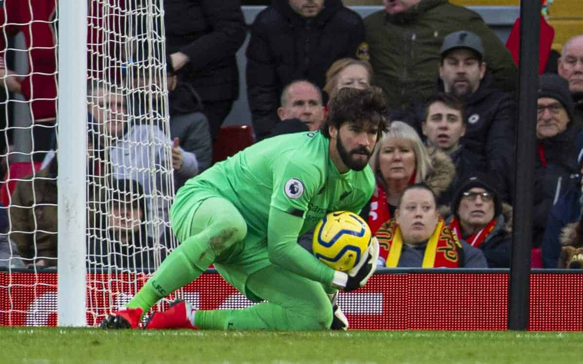 LIVERPOOL, ENGLAND - Saturday, February 1, 2020: Liverpool's goalkeeper Alisson Becker during the FA Premier League match between Liverpool FC and Southampton FC at Anfield. (Pic by David Rawcliffe/Propaganda)