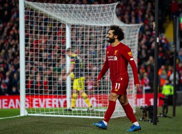 LIVERPOOL, ENGLAND - Saturday, February 1, 2020: Liverpool's Mohamed Salah celebrates scoring the third goal during the FA Premier League match between Liverpool FC and Southampton FC at Anfield. (Pic by David Rawcliffe/Propaganda)