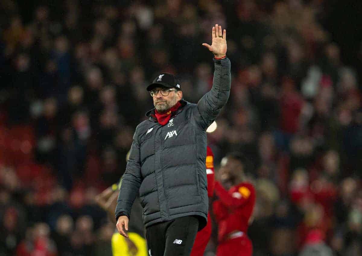 LIVERPOOL, ENGLAND - Saturday, February 1, 2020: Liverpool's manager Jürgen Klopp celebrates after the FA Premier League match between Liverpool FC and Southampton FC at Anfield. Liverpool won 4-0. (Pic by David Rawcliffe/Propaganda)