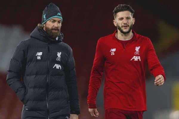 LIVERPOOL, ENGLAND - Saturday, February 1, 2020: Liverpool's substitute Adam Lallana warms down with head of fitness and conditioning Andreas Kornmayer after the FA Premier League match between Liverpool FC and Southampton FC at Anfield. (Pic by David Rawcliffe/Propaganda)