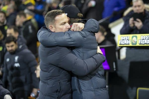 NORWICH, ENGLAND - Saturday, February 15, 2020: Liverpool's manager Jürgen Klopp (R) embraces first-team development coach Pepijn Lijnders before the FA Premier League match between Norwich City FC and Liverpool FC at Carrow Road. (Pic by David Rawcliffe/Propaganda)