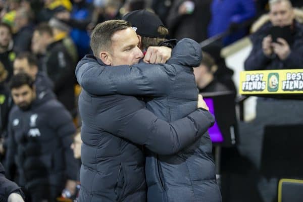 NORWICH, ENGLAND - Saturday, February 15, 2020: Liverpool's manager Jürgen Klopp (R) embraces first-team development coach Pepijn Lijnders before the FA Premier League match between Norwich City FC and Liverpool FC at Carrow Road. (Pic by David Rawcliffe/Propaganda)