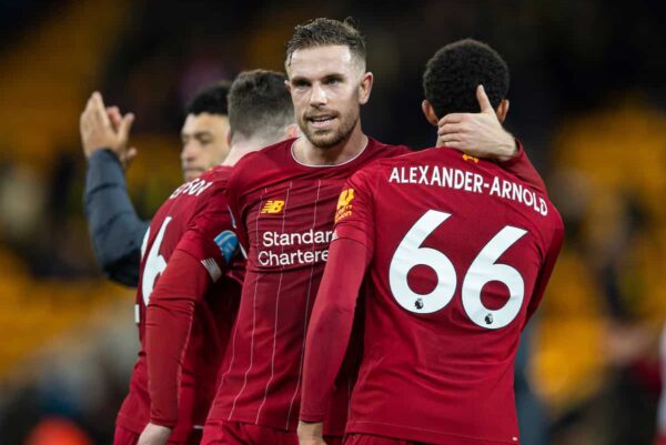 NORWICH, ENGLAND - Saturday, February 15, 2020: Liverpool's captain Jordan Henderson (L) celebrates with Trent Alexander-Arnold after the FA Premier League match between Norwich City FC and Liverpool FC at Carrow Road. Liverpool won 1-0. (Pic by David Rawcliffe/Propaganda)