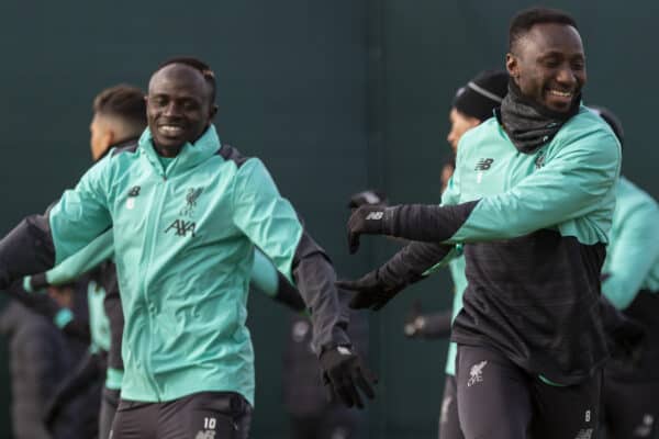 LIVERPOOL, ENGLAND - Monday, February 17, 2020: Liverpool's Sadio Mané (L) and Naby Keita during a training session at Melwood Training Ground ahead of the UEFA Champions League Round of 16 1st Leg match between Club Atlético de Madrid and Liverpool FC. (Pic by Paul Greenwood/Propaganda)