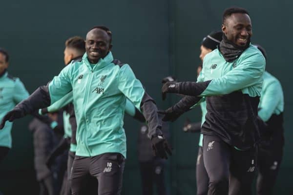 LIVERPOOL, ENGLAND - Monday, February 17, 2020: Liverpool's Sadio Mané (L) and Naby Keita during a training session at Melwood Training Ground ahead of the UEFA Champions League Round of 16 1st Leg match between Club Atlético de Madrid and Liverpool FC. (Pic by Paul Greenwood/Propaganda)