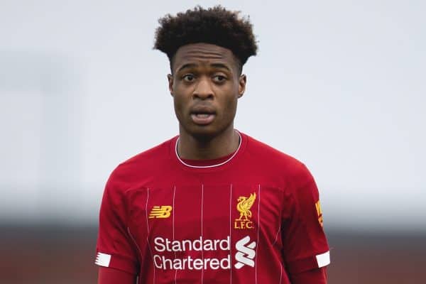 LIVERPOOL, ENGLAND - Saturday, February 22, 2020: Liverpool's James Balagizi during the Under-18 FA Premier League match between Liverpool FC and Manchester City FC at the Liverpool Academy. (Pic by David Rawcliffe/Propaganda)