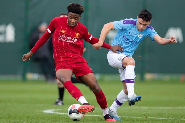 LIVERPOOL, ENGLAND - Saturday, February 22, 2020: Liverpool's James Balagizi (L) and Manchester City's Alex Robertson during the Under-18 FA Premier League match between Liverpool FC and Manchester City FC at the Liverpool Academy. (Pic by David Rawcliffe/Propaganda)