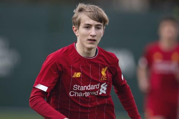 LIVERPOOL, ENGLAND - Saturday, February 22, 2020: Liverpool's substitute Max Woltman during the Under-18 FA Premier League match between Liverpool FC and Manchester City FC at the Liverpool Academy. (Pic by David Rawcliffe/Propaganda)