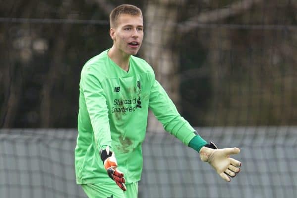 LIVERPOOL, ENGLAND - Saturday, February 22, 2020: Liverpool's goalkeeper Jakub Ojrzynski looks dejected as Manchester City score the fourth goal during the Under-18 FA Premier League match between Liverpool FC and Manchester City FC at the Liverpool Academy. (Pic by David Rawcliffe/Propaganda)