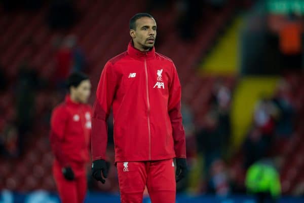 LIVERPOOL, ENGLAND - Monday, February 24, 2020: Liverpool's substitute Joel Matip during the pre-match warm-up before the FA Premier League match between Liverpool FC and West Ham United FC at Anfield. (Pic by David Rawcliffe/Propaganda)