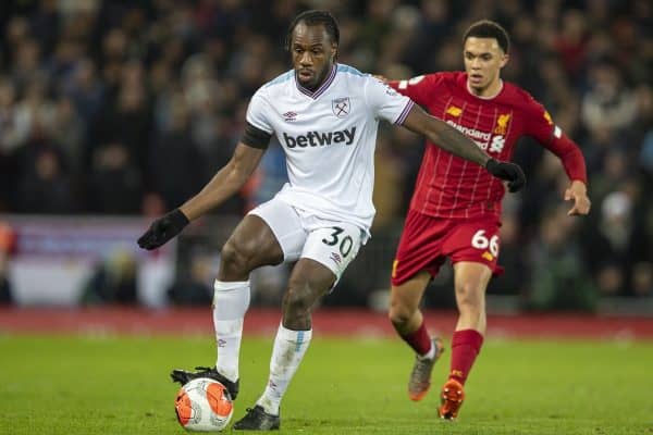 LIVERPOOL, ENGLAND - Monday, February 24, 2020: West Ham United's Michail Antonio during the FA Premier League match between Liverpool FC and West Ham United FC at Anfield. (Pic by David Rawcliffe/Propaganda)