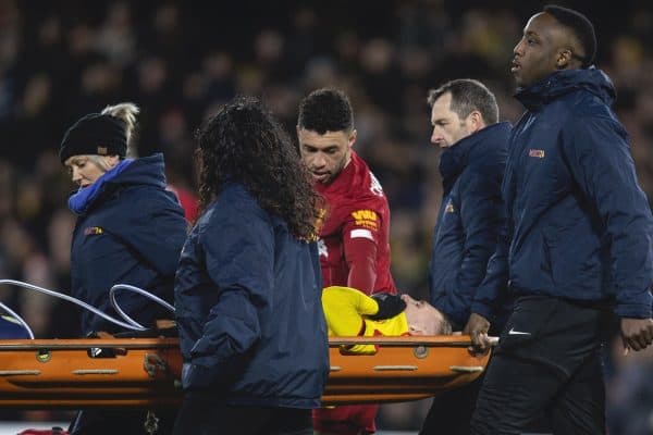 WATFORD, ENGLAND - Saturday, February 29, 2020: Watford's Gerard Deulofeu is carried off injured on a stretcher during the FA Premier League match between Watford FC and Liverpool FC at Vicarage Road. (Pic by David Rawcliffe/Propaganda)