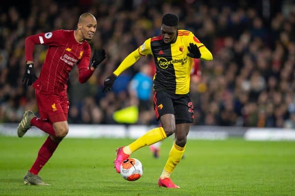 WATFORD, ENGLAND - Saturday, February 29, 2020: Watford's Ismaïla Sarr (R) gets away from Liverpool's Fabio Henrique Tavares 'Fabinho' during the FA Premier League match between Watford FC and Liverpool FC at Vicarage Road. (Pic by David Rawcliffe/Propaganda)