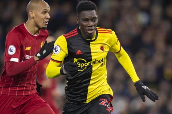 WATFORD, ENGLAND - Saturday, February 29, 2020: Watford's Ismaïla Sarr (R) gets away from Liverpool's Fabio Henrique Tavares 'Fabinho' during the FA Premier League match between Watford FC and Liverpool FC at Vicarage Road. (Pic by David Rawcliffe/Propaganda)