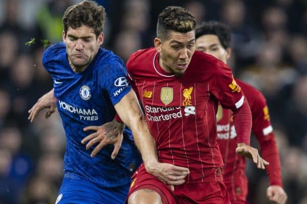 LONDON, ENGLAND - Tuesday, March 3, 2020: Chelsea's Marcos Alonso (L) and Liverpool's Roberto Firmino during the FA Cup 5th Round match between Chelsea FC and Liverpool FC at Stamford Bridge. (Pic by David Rawcliffe/Propaganda)