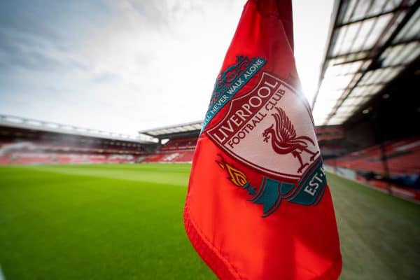 LIVERPOOL, ENGLAND - Saturday, March 7, 2020: A corner flag pictured before the FA Premier League match between Liverpool FC and AFC Bournemouth at Anfield. (Pic by David Rawcliffe/Propaganda)