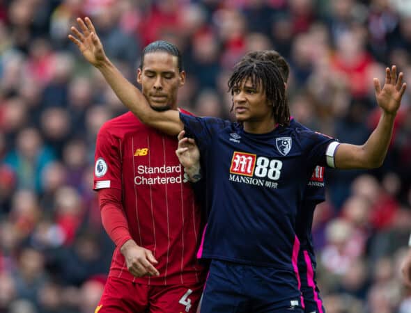 LIVERPOOL, ENGLAND - Saturday, March 7, 2020: Liverpool's Virgil van Dijk (L) and AFC Bournemouth's Nathan Aké during the FA Premier League match between Liverpool FC and AFC Bournemouth at Anfield. (Pic by David Rawcliffe/Propaganda)