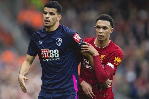 LIVERPOOL, ENGLAND - Saturday, March 7, 2020: Liverpool's Trent Alexander-Arnold (R) and AFC Bournemouth's Dominic Solanke during the FA Premier League match between Liverpool FC and AFC Bournemouth at Anfield. (Pic by David Rawcliffe/Propaganda)