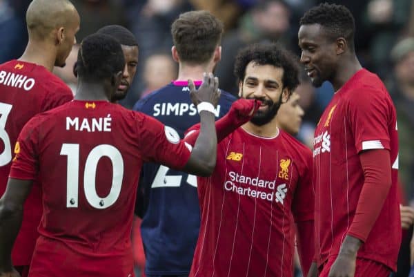 LIVERPOOL, ENGLAND - Saturday, March 7, 2020: Liverpool's goal-scorers Mohamed Salah and Sadio Mané after the FA Premier League match between Liverpool FC and AFC Bournemouth at Anfield. Liverpool won 2-1. (Pic by David Rawcliffe/Propaganda)