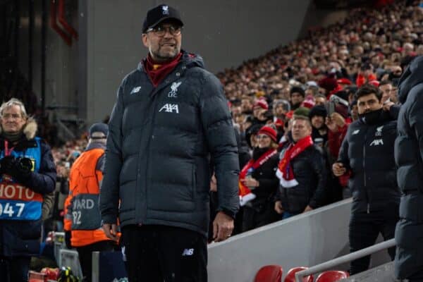 LIVERPOOL, ENGLAND - Wednesday, March 11, 2020: Liverpool's manager Jürgen Klopp before during the UEFA Champions League Round of 16 2nd Leg match between Liverpool FC and Club Atlético de Madrid at Anfield. (Pic by David Rawcliffe/Propaganda)