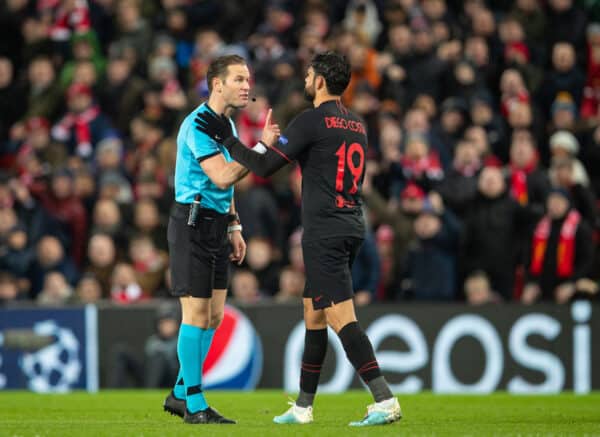 LIVERPOOL, ENGLAND - Wednesday, March 11, 2020: Referee Danny Makkelle speaks with Club Atlético de Madrid's Diego Costa during the UEFA Champions League Round of 16 2nd Leg match between Liverpool FC and Club Atlético de Madrid at Anfield. (Pic by David Rawcliffe/Propaganda)