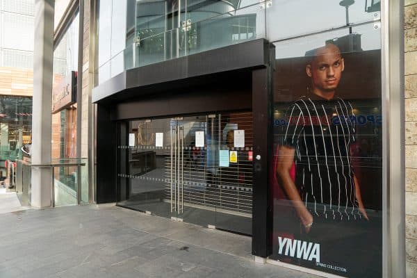 LIVERPOOL, ENGLAND - Wednesday, March 18, 2020: Liverpool Football Club’s retail store at Liverpool One is closed due to the Coronavirus (COVID-19). (Pic by David Rawcliffe/Propaganda)