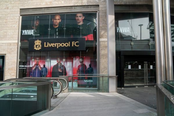 LIVERPOOL, ENGLAND - Wednesday, March 18, 2020: Liverpool Football Club’s retail store at Liverpool One is closed due to the Coronavirus (COVID-19). (Pic by David Rawcliffe/Propaganda)