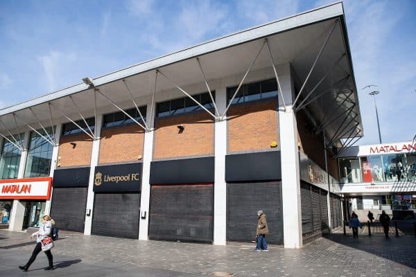 LIVERPOOL, ENGLAND - Monday, March 23, 2020: Liverpool Football Club's closed retail store in Williamson Square after the UK government issued strong advice for people to stay at home during the Coronavirus pandemic. (Pic by David Rawcliffe/Propaganda)