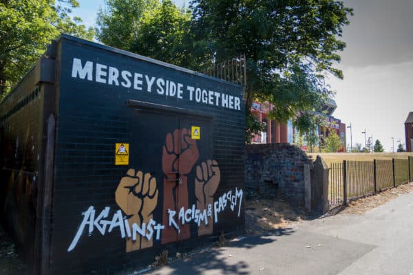 LIVERPOOL, ENGLAND - Monday, June 1, 2020: “Merseyside Together Against Racism and Fascism” Graffiti painted on a wall in Stanley Park, Anfield, between Liverpool FC’s and Everton FC’s stadiums. The mural appeared in response to the growing global unrest and protest at the murder of George Floyd by a white police officer in Minneapolis, USA. (Pic by David Rawcliffe/Propaganda)