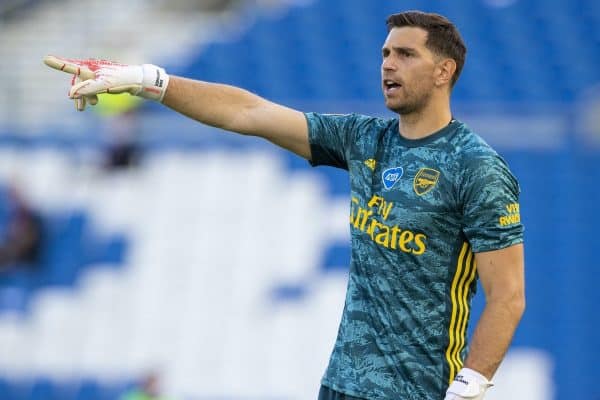 BRIGHTON & HOVE, ENGLAND - Saturday, June 20, 2020: Arsenal's goalkeeper Emiliano Martínez during the FA Premier League match between Brighton & Hove Albion FC and Arsenal FC at the AMEX Stadium. (Pic by David Rawcliffe/Propaganda)