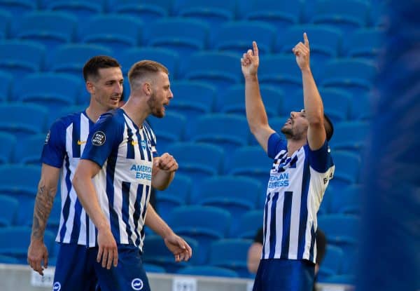 BRIGHTON & HOVE, ENGLAND - Saturday, June 20, 2020: Brighton & Hove Albion's Neal Maupay (R) celebrates scoring the winning second goal in injury time during the FA Premier League match between Brighton & Hove Albion FC and Arsenal FC at the AMEX Stadium. Brighton won 2-1. (Pic by David Rawcliffe/Propaganda)