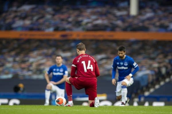 LIVERPOOL, ENGLAND - Sunday, June 21, 2019: Liverpool’s captain Jordan Henderson knees down (takes a knee) to support the Black Lives Matter movement during the FA Premier League match between Everton FC and Liverpool FC, the 236th Merseyside Derby, at Goodison Park. The game was played behind closed doors due to the UK government’s social distancing laws during the Coronavirus COVID-19 Pandemic. (Pic by David Rawcliffe/Propaganda)