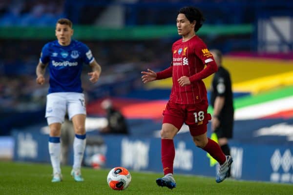 LIVERPOOL, ENGLAND - Sunday, June 21, 2019: Liverpool’s Takumi Minamino during the FA Premier League match between Everton FC and Liverpool FC, the 236th Merseyside Derby, at Goodison Park. The game was played behind closed doors due to the UK government’s social distancing laws during the Coronavirus COVID-19 Pandemic. (Pic by David Rawcliffe/Propaganda)