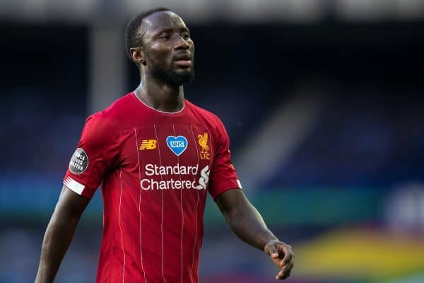 LIVERPOOL, ENGLAND - Sunday, June 21, 2019: Liverpool’s Naby Keita walks off the pitch at half-time during the FA Premier League match between Everton FC and Liverpool FC, the 236th Merseyside Derby, at Goodison Park. The game was played behind closed doors due to the UK government’s social distancing laws during the Coronavirus COVID-19 Pandemic. (Pic by David Rawcliffe/Propaganda)