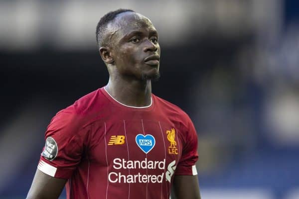 LIVERPOOL, ENGLAND - Sunday, June 21, 2019: Liverpool’s Sadio Mané walks off the pitch at half-time during the FA Premier League match between Everton FC and Liverpool FC, the 236th Merseyside Derby, at Goodison Park. The game was played behind closed doors due to the UK government’s social distancing laws during the Coronavirus COVID-19 Pandemic. (Pic by David Rawcliffe/Propaganda)