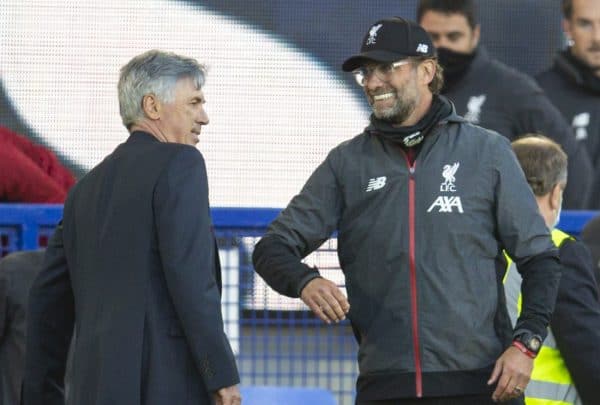 LIVERPOOL, ENGLAND - Sunday, June 21, 2019: Liverpool’s manager Jürgen Klopp (R) and Everton's manager Carlo Ancelotti after the FA Premier League match between Everton FC and Liverpool FC, the 236th Merseyside Derby, at Goodison Park. The game was played behind closed doors due to the UK government’s social distancing laws during the Coronavirus COVID-19 Pandemic. The game ended in a 0-0 draw. (Pic by David Rawcliffe/Propaganda)