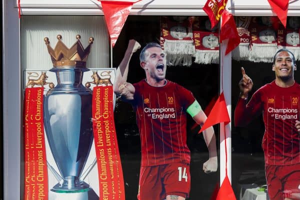 LIVERPOOL, ENGLAND - Wednesday, June 24, 2020: A window of a shop selling "Liverpool League Champions 2020" merchendise on an empty road near Liverpool FC's Anfield stadium pictured before the FA Premier League match between Liverpool FC and Crystal Palace FC at Anfield. The game was played behind closed doors due to the UK government’s social distancing laws during the Coronavirus COVID-19 Pandemic. (Pic by David Rawcliffe/Propaganda)