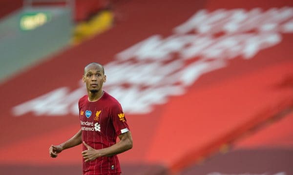 LIVERPOOL, ENGLAND - Wednesday, June 24, 2020: Liverpool’s Fabio Henrique Tavares 'Fabinho' during the FA Premier League match between Liverpool FC and Crystal Palace FC at Anfield. The game was played behind closed doors due to the UK government’s social distancing laws during the Coronavirus COVID-19 Pandemic. (Pic by David Rawcliffe/Propaganda)