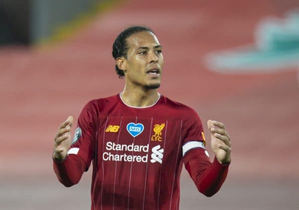 LIVERPOOL, ENGLAND - Wednesday, June 24, 2020: Liverpool’s Virgil van Dijk during the FA Premier League match between Liverpool FC and Crystal Palace FC at Anfield. The game was played behind closed doors due to the UK government’s social distancing laws during the Coronavirus COVID-19 Pandemic. (Pic by David Rawcliffe/Propaganda)