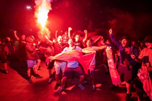 LIVERPOOL, ENGLAND - Thursday, June 25, 2020: Liverpool supporters set off flares as they celebrate at Anfield after their side were crowned Premier League Champions following Manchester City's defeat by Chelsea. The supporters have waited 30 years for this their 19th Championship title. (Pic by David Rawcliffe/Propaganda)