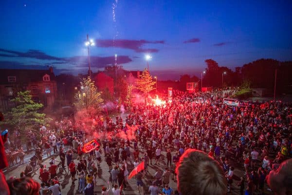 LIVERPOOL, ENGLAND - Thursday, June 25, 2020: Liverpool supporters set off flares as they celebrate at Anfield after their side were crowned Premier League Champions following Manchester City's defeat by Chelsea. The supporters have waited 30 years for this their 19th Championship title. (Pic by David Rawcliffe/Propaganda)