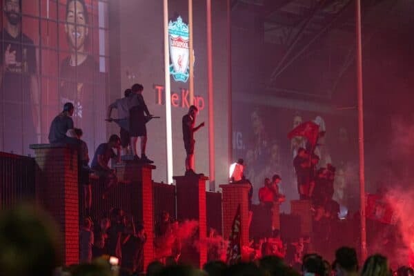 LIVERPOOL, ENGLAND - Thursday, June 25, 2020: Liverpool supporters celebrate at Anfield after their side were crowned Premier League Champions following Manchester City's defeat by Chelsea. The supporters have waited 30 years for this their 19th Championship title. (Pic by David Rawcliffe/Propaganda)