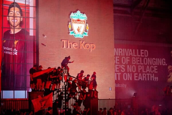 LIVERPOOL, ENGLAND - Thursday, June 25, 2020: Liverpool supporters congregate outside the famous Spion Kop at Anfield as they celebrate after their side were crowned Premier League Champions following Manchester City's defeat by Chelsea. The supporters have waited 30 years for this their 19th Championship title. (Pic by David Rawcliffe/Propaganda)