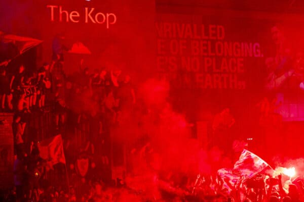 LIVERPOOL, ENGLAND - Thursday, June 25, 2020: Liverpool supporters congregate outside the famous Spion Kop at Anfield as they celebrate after their side were crowned Premier League Champions following Manchester City's defeat by Chelsea. The supporters have waited 30 years for this their 19th Championship title. (Pic by David Rawcliffe/Propaganda)