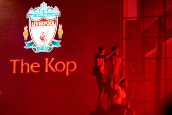 LIVERPOOL, ENGLAND - Thursday, June 25, 2020: Liverpool supporters congregate outside the famous Spion Kop at Anfield as they celebrate after their side were crowned Premier League Champions following Manchester City's defeat by Chelsea. The supporters have waited 30 years for this their 19th Championship title. (Pic by David Rawcliffe/Propaganda)