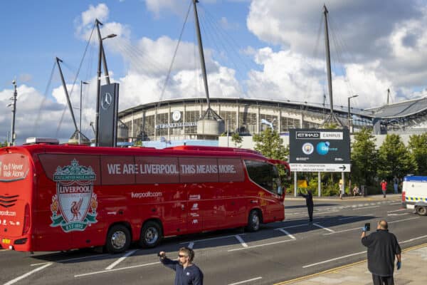 MANCHESTER, ENGLAND - Thursday, July 2, 2020: A man stands in the way of the Liverpool team bus as the players arrive with a police escort before the FA Premier League match between Manchester City FC and Liverpool FC at the City of Manchester Stadium. The game was played behind closed doors due to the UK government’s social distancing laws during the Coronavirus COVID-19 Pandemic. This was Liverpool's first game as Premier League 2019/20 Champions. (Pic by Propaganda)