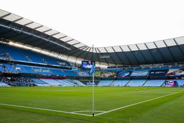 MANCHESTER, ENGLAND - Thursday, July 2, 2020: Empty seats before the FA Premier League match between Manchester City FC and Liverpool FC at the City of Manchester Stadium. The game was played behind closed doors due to the UK government’s social distancing laws during the Coronavirus COVID-19 Pandemic. This was Liverpool's first game as Premier League 2019/20 Champions. (Pic by Propaganda)