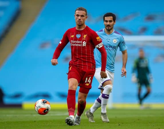 MANCHESTER, ENGLAND - Thursday, July 2, 2020: Liverpool’s captain Jordan Henderson during the FA Premier League match between Manchester City FC and Liverpool FC at the City of Manchester Stadium. The game was played behind closed doors due to the UK government’s social distancing laws during the Coronavirus COVID-19 Pandemic. This was Liverpool's first game as Premier League 2019/20 Champions. (Pic by Propaganda)