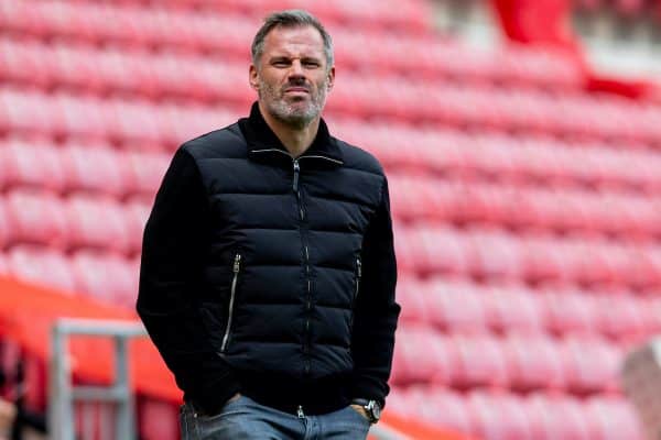 LIVERPOOL, ENGLAND - Sunday, July 5, 2020: Former Liverpool player Jamie Carragher, working for Sky Sports, before the FA Premier League match between Liverpool FC and Aston Villa FC at Anfield. The game was played behind closed doors due to the UK government’s social distancing laws during the Coronavirus COVID-19 Pandemic. (Pic by David Rawcliffe/Propaganda)